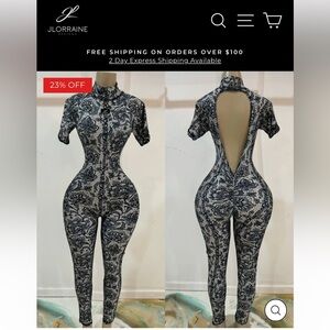 JLORRAINE Black & White Paisley Cutout Back Jumpsuit